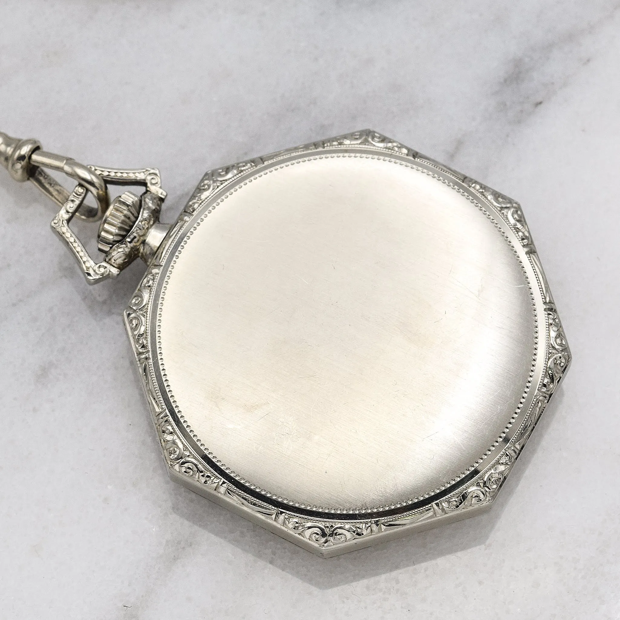 Antique 1920's 14K White Gold Howard Pocket Watch With 14K Gold Chain Original Box And Papers