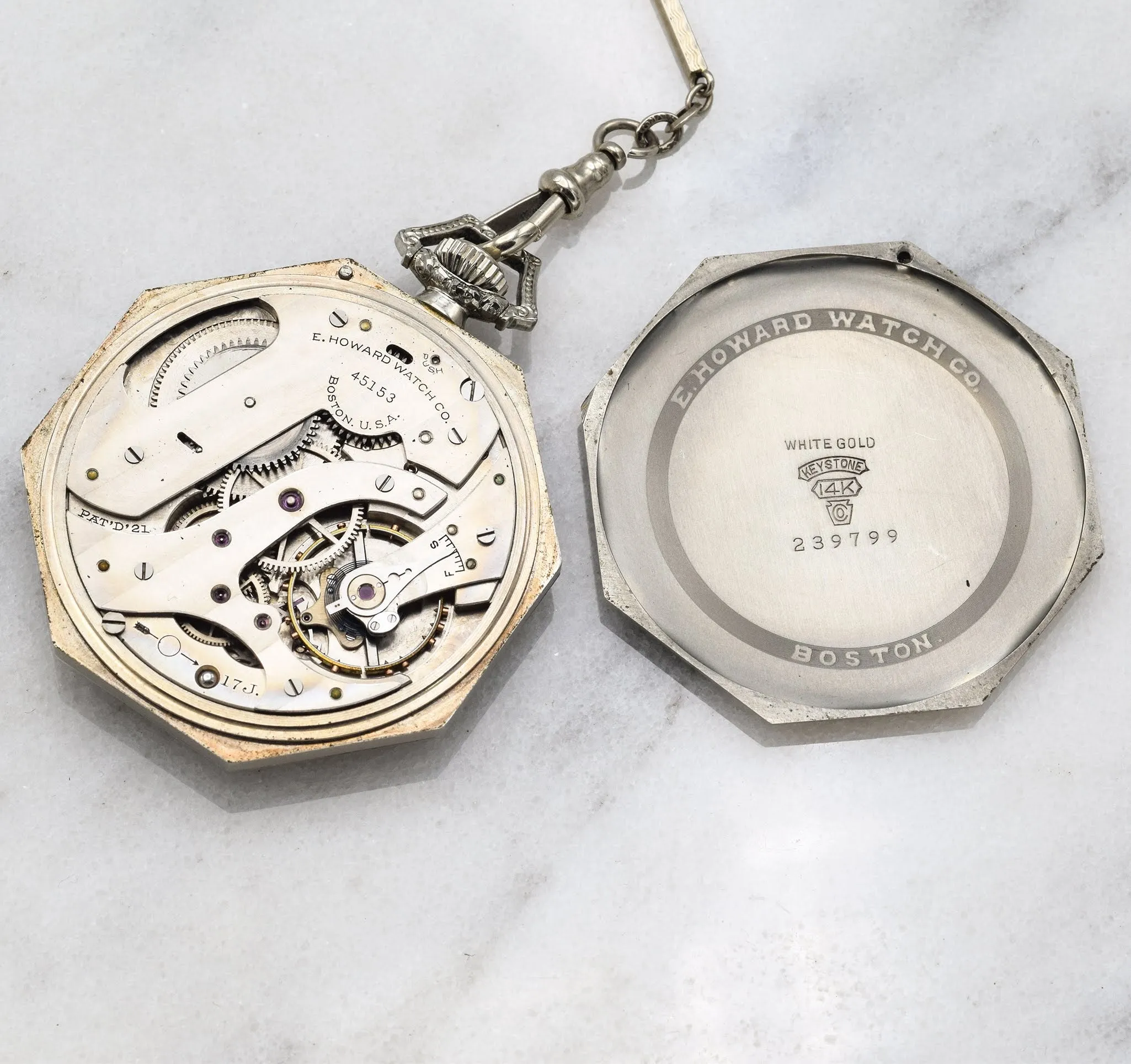 Antique 1920's 14K White Gold Howard Pocket Watch With 14K Gold Chain Original Box And Papers