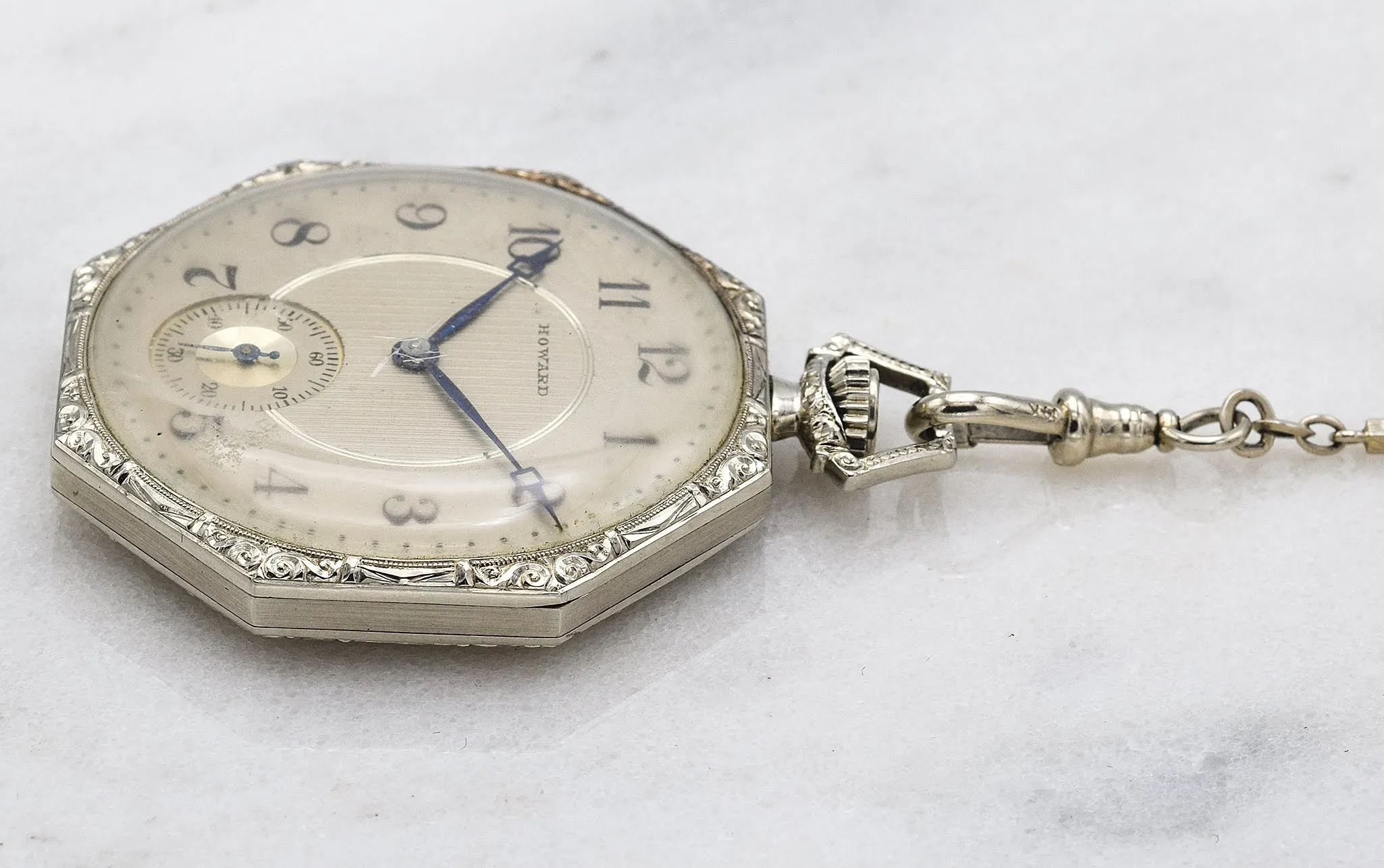 Antique 1920's 14K White Gold Howard Pocket Watch With 14K Gold Chain Original Box And Papers