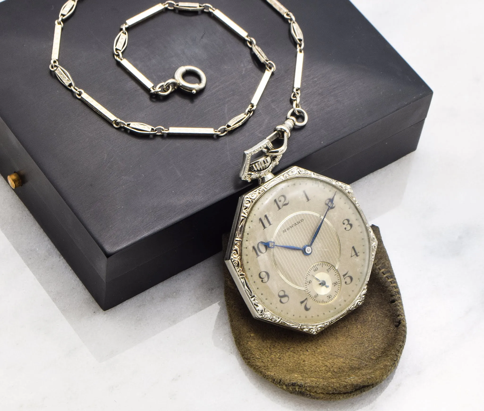 Antique 1920's 14K White Gold Howard Pocket Watch With 14K Gold Chain Original Box And Papers