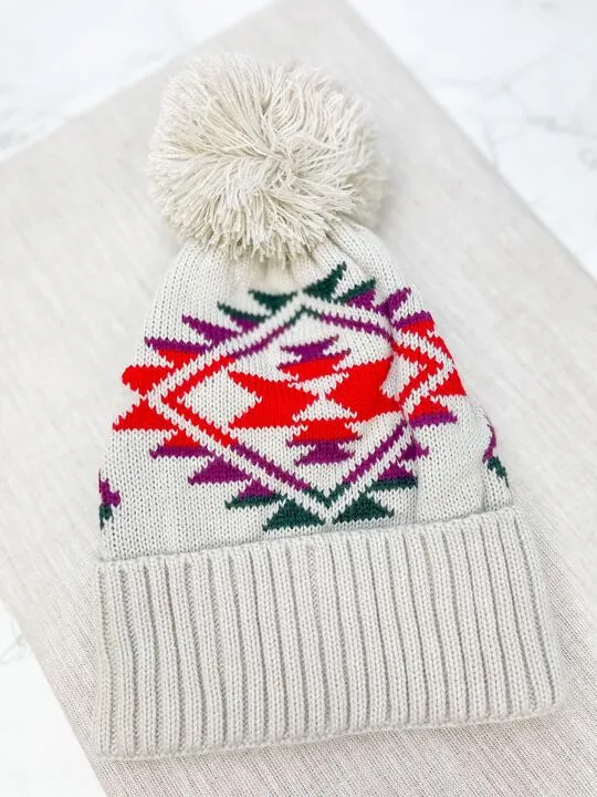Aztec Pom Pom Beanie - Cream