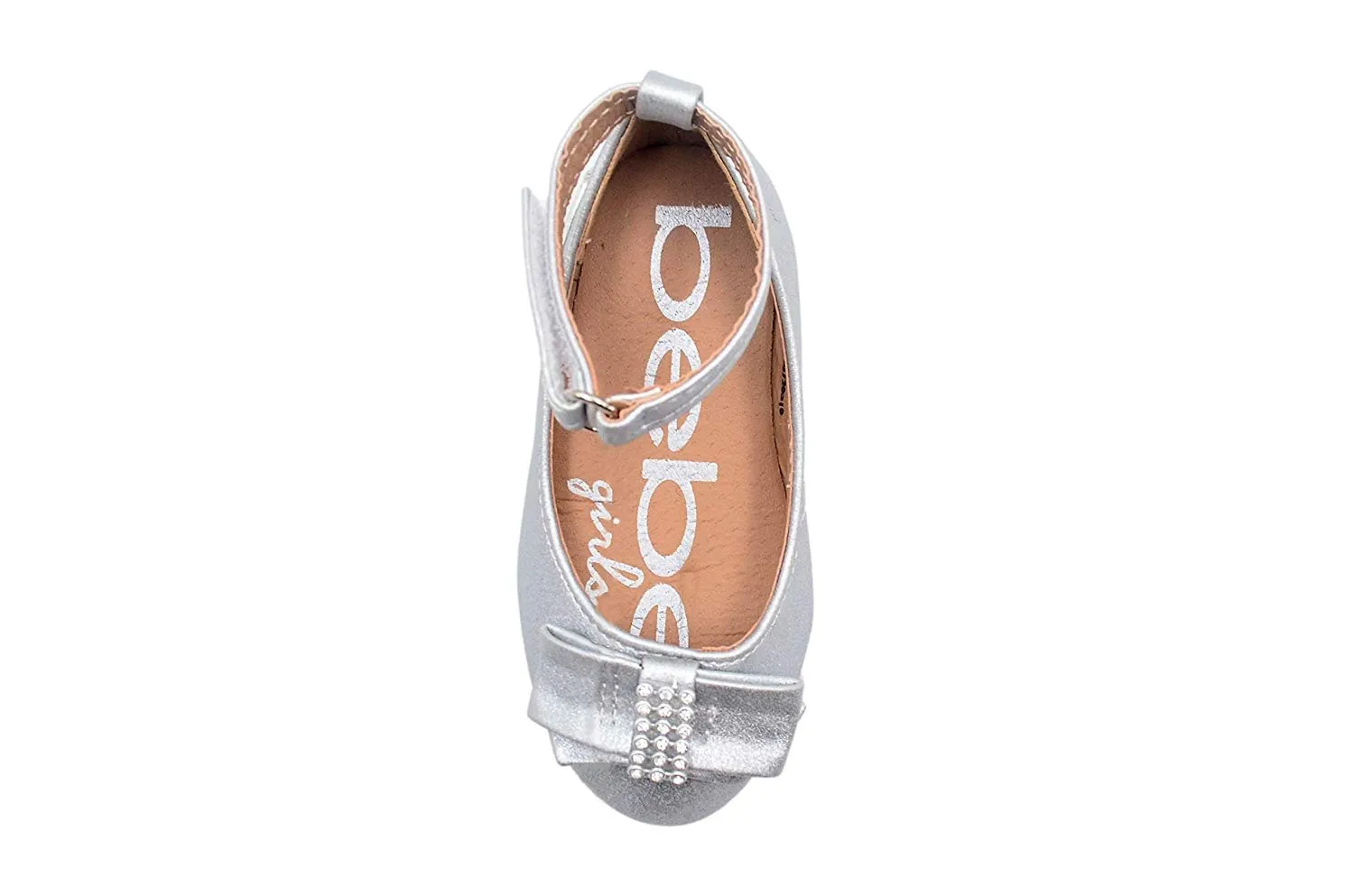 bebe Toddler Girls Little Kid Shimmery Ballet Flats Slip-On Round Toe Dress Ballerina Shoe with Rhinestone Embellished Bow and Ankle Strap