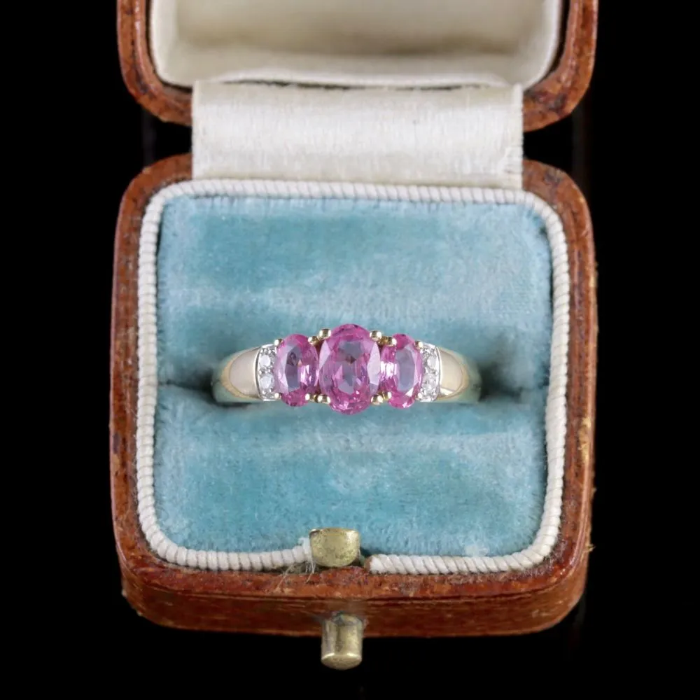 Pink Sapphire Trilogy Ring Diamond 9Ct Gold